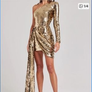 NADINE MERABI Gold Asymmetrical Sequin Dress